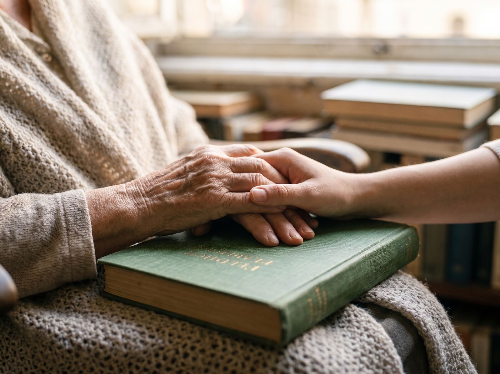 Hände einer älteren Frau und ihres Enkels halten gemeinsam das fertige Buch