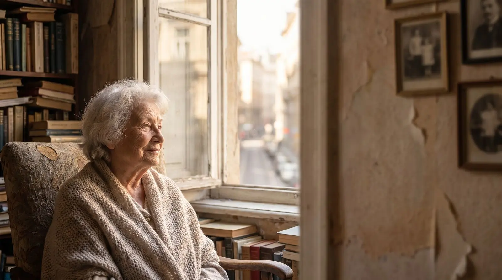 Ältere Frau sitzt nachdenklich am Fenster im warmen Nachmittagslicht
